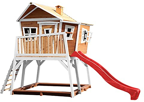 AXI Spielhaus Max mit Sandkasten & roter Rutsche | Stelzenhaus in Braun & Weiß aus FSC Holz für Kinder | Spielturm mit Wellenrutsche für den Garten