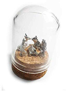 Sie erhalten 1 Stück Weihnachtskrippe komplett in Glocke Miniatur Glas Höhe 5 cm Durchmesser 3,5 cm Basis Kork mit Krippe Metall 1,5 cm Maria Josef Jesu Esel Ochse Figuren Krippe + Schlüsselanhänger