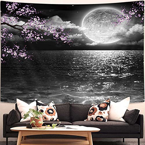 JAWO Moon Ocean Wandteppich, cooler asiatischer Anime-Wandteppich, japanische Kunst, Kirschblüten-Dekorationen, Natur-Wandteppich für Schlafzimmer, Wohnzimmer, Dekoration, 152.4x101.6 cm