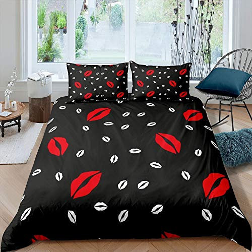 feelingyou Rote weiße Lippen Bettwäsche-Set Cartoon Kiss Bettwäsche Set 135x200cm Schwarz Betten Set für Kinder Jungen Mädchen Teenager 2St.Reißverschluss Mikrofaser