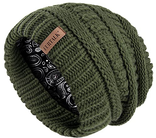 FURTALK Unisex Slouch Beanie Satin gefütterte Strickmütze für Haar Herren und Damen Wintermütze Grün