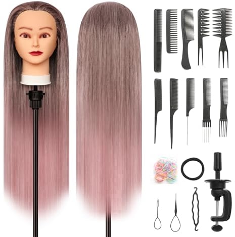 Styling Head 28 inch Hairdresser Training Head 100% Synthetic Fiber Hair Styling Head, Training Head Hairdressing Head with Free Clamp and DIY Braiding Set (Gradient Pink)