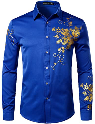 PARKLEES Men's Hipster Rose Floral Print Design Slim Fit Long Sleeve Button Up Party Dress Shirt Royal Blue M