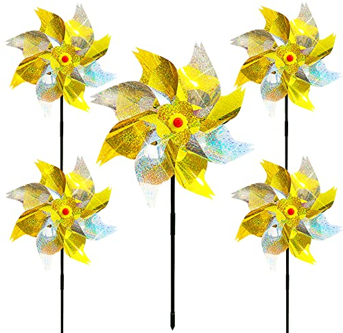 Bird Deterrent Reflective Windmill, Wind Spinner Bird Repellent Balcony Fruit Garden,Windmühlen für draußen und Garten,vogelschreck taubenabwehr vogelabwehr windrad (5pcs- Golden Silber)