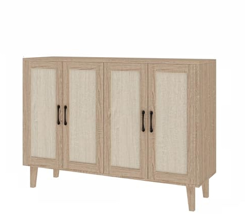 Panana Buffet Storage Cabinet with Rattan Decorating 4 Doors Living Room Kitchen Sideboard 48.43 x 34.65 x 15 inch (Natural Wood)