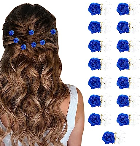 VEGCOO Haarspangen mit Rosenblüten, 15 Stück Beige Rosenblüten Haarspangen Elegante kleine Blumen Haarspangen für Hochzeit Haarschmuck für Frauen und Mädchen (Blau)