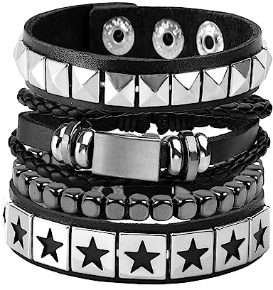 Eigso 4 Pcs PU Leder Punk Armbänder für Männer Frauen Vintage Rock Star Armbänder für Mann Frau