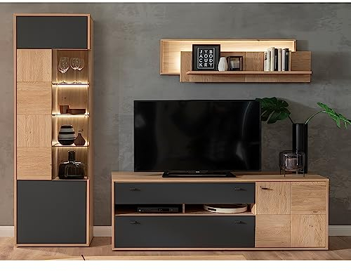 Lomadox Wohnwand Anbauwand Eiche Bianco teilmassiv 3-teilig Modern, 1 Vitrine, 1 Wandboard, 1 TV-Lowboard inkl. LED-Beleuchtung