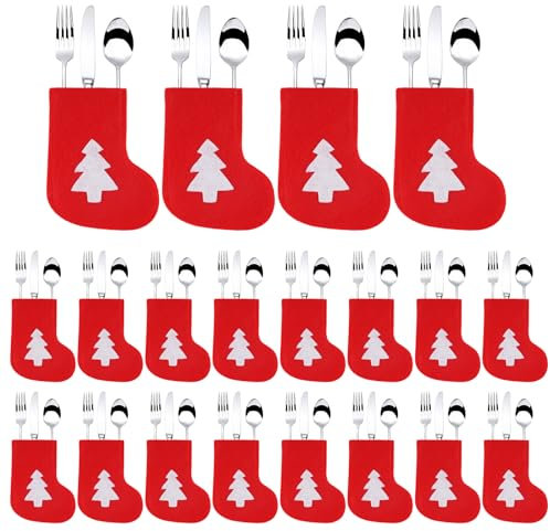 Weysoo Christmas Cutlery Holders, 20 PCS Christmas Tableware Christmas Table Decoration Socks Decoration Christmas Dinner Sets Silverware Knifes Forks Bags for Home Party