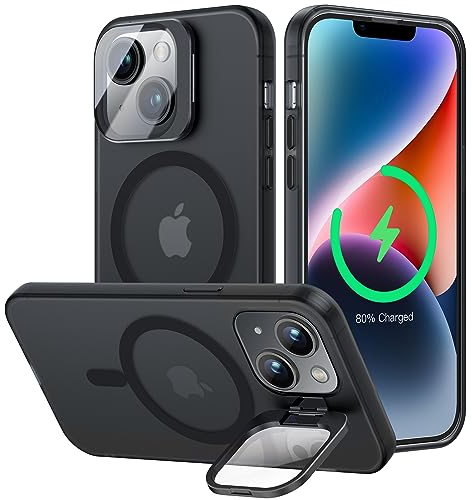 OLHAOMAO Cover MagSafe per iPhone 14,Magnetica Custodia con Cavalletto protezione fotocamera integrata,Traslucida Opaca Posteriore Sottile Antiurto Case, Nero