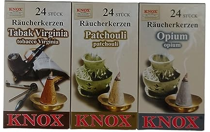 Knox XL Sparpack Räucherkerzen Patchouli+Tabak Virginia+Opium Größe M/Ihalt pri Packung 24 Räucherkegel Duftkegel