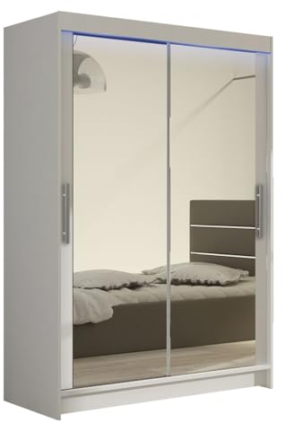 Mirjan24 Kleiderschrank Miami VII mit Spiegel, Modernes Schiebetürenschrank, Schlafzimmerschrank, Garderobenschrank für Schlafzimmer (Weiß, mit RGB LED Beleuchtung)