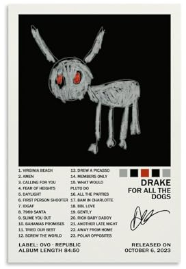 KUCOON Drake For All The Dogs Poster auf Leinwand, Wandkunst, Wohnzimmer, Poster, Schlafzimmer, Gemälde, 30 x 45 cm