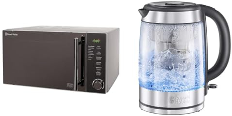 Russell Hobbs RHM2017 20L 800W Silver Digital Microwave, Child Safety Lock, Automatic Defrost & Brita Filter Purity Glass 1.5L Electric Cordless Kettle for cleaner, clearer water