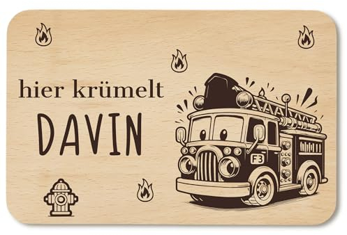 Frühstücksbrettchen personalisiert mit Wunschgravur - personalisierte Geschenke Kinder - Frühstücksbrettchen Kinder - Geschenk zur Taufe/Einschulung - Brettchen Holz (Feuerwehrauto)