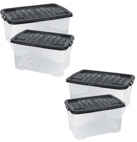 STAR SUPPLIES 4 x 42 Litres Clear Transparent Base Storage Containers With Black Lids For Home & Office