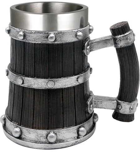 Medieval Viking Wood Beer-Tankard Mug - 21oz Norse Stainless Steel Cup Viking Gifts Coffee/Beer Mug for Men Nordic Decor