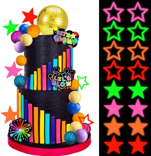36 PCS Let’s Glow Theme Cake Toppers Glow in the dark Cake Decorations for Neon Birthday Engagement Wedding Party Decorations Supplies (02)