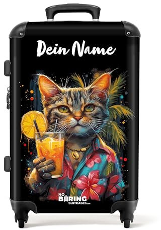 NoBoringSuitcases.com Reisekoffer Personalisiert, Koffer Groß, Hartschalenkoffer Groß, TSA, Reisekoffer mit Rollen Groß, Suitcase, Koffer Mittelgroß (Katze - Tropisch, 67 cm - 72 L)