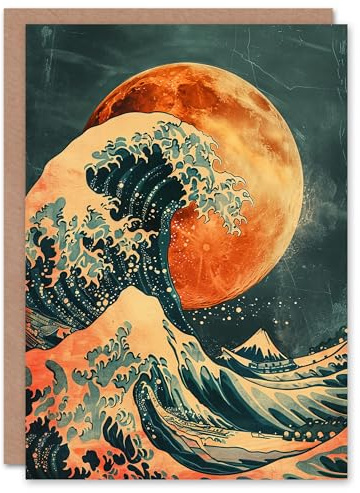 Artery8 Oranger Mond Traditionelle Japanische Große Welle Geburtstagskarte