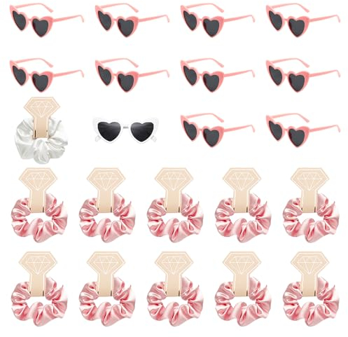 Tulov 22 Stück JGA Brille Team Braut Haargummi,JGA Accessoires Frauen,11 Herzförmige Brille + 11 Bride Haargummi,Bride Partybrille Set für Hochzeitsfeier Wedding Party (Rosa)