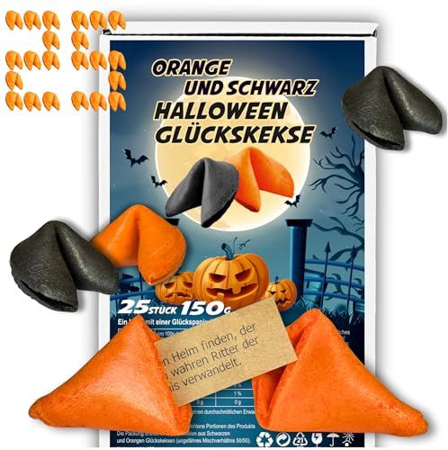 D&D Fun Cookies – Halloween Glückskekse Orange & Schwarz, 25 Stück, Vegetarisch, Vanille Geschmack, Einzeln Verpackt, Mit Sprüchen Deutsch & Englisch, Perfekt Für Party & Gastgeschenke