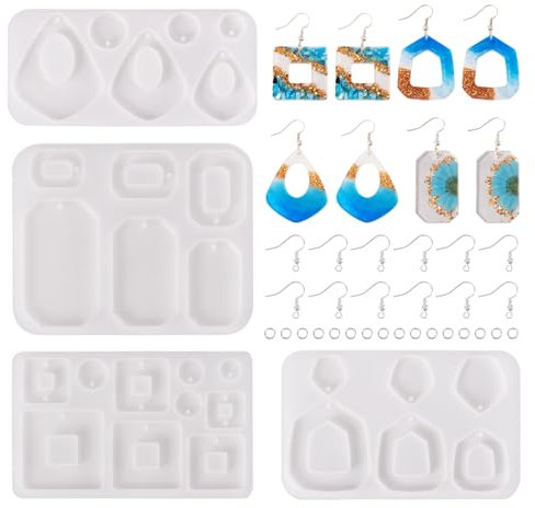 PandaHall - 4 stampi rotondi in silicone a forma di goccia per resina UV, stampi geometrici per gioielli in resina, con ganci per orecchini, anelli aperti per artigianato e creazione di gioielli