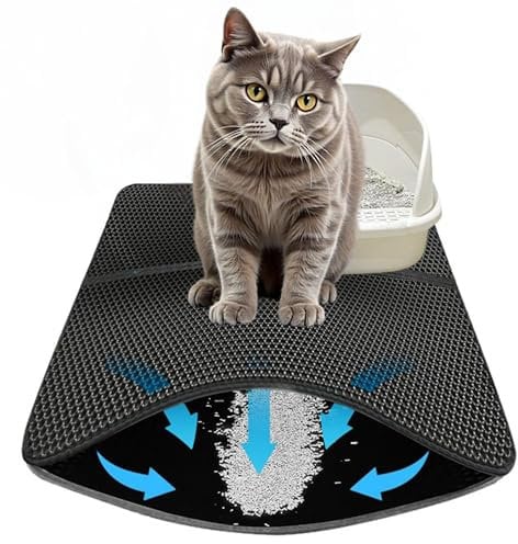 Trunxmon Cat Litter Mat Large, 75 x 55 cm Foldable Litter Mat, Honeycomb Design for Scatter Control, Nonslip Waterproof Urine Proof EVA Material Litter Tray Mat, Washable Non-Toxic & Odourless – Black