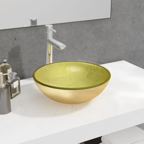 AUVYI Gästetoilette Waschbecken Hartglas 35x12 cm Golden Aufsatzwaschbecken Waschbecken Gäste WC Handwaschbecken Dekoratives Waschraum Badezimmer Modernes Aussehen Breite Anwendung