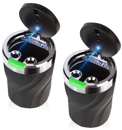 Genossen Cenicero de coche con cubierta de resorte, cenicero portátil sin humo con luz LED, cenicero de acero inoxidable para coches, furgonetas, exteriores, camping (2 Verde)