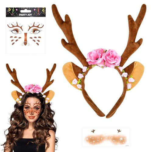Pipihome Serre-tête de Renne en Bois de Cerf, Bandeau de Rennes Tiara avec Cornes Tatouage Visage de Cerf Serre Tete Halloween Femme carnaval, Noël, fête d'elfes pour cadeaux de Noël (A)