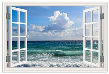 RXNHGJDS Quadri Finestra Aperta Sul Mare,Onde del manifesto dell'oceano di vista sul mare,Quadro su Tela Stampa Artistica Mare Blu Natura Quadri Moderni Soggiorno Grandi45x30cm(18x12in) poster