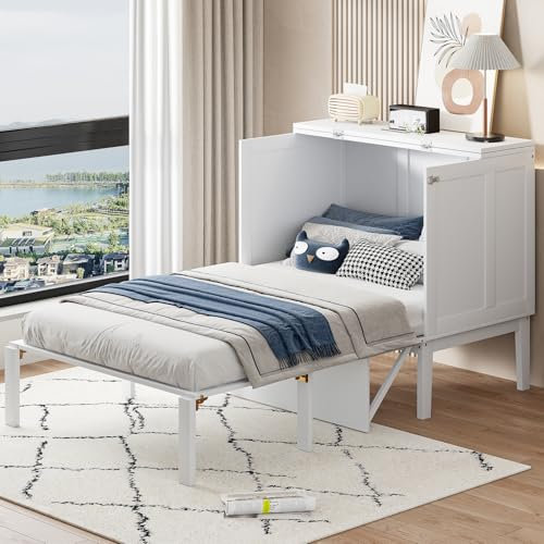 Schrankbett, 90 x 200 cm, ausziehbares Bett mit Stauraum und kleinen Regalen, Wandbett mit Lattenrost (ohne Matratze) (90 x 200 cm, weiß)