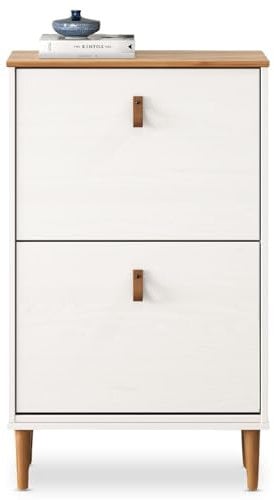 IDIMEX Schuhkipper MIKKA mit 2 Klappen, weiß/Eiche - schmaler Schuhschrank, platzsparende Schuhkommode mit Ledergriffen aus Kiefer, für bis zu 10 Paar Schuhe