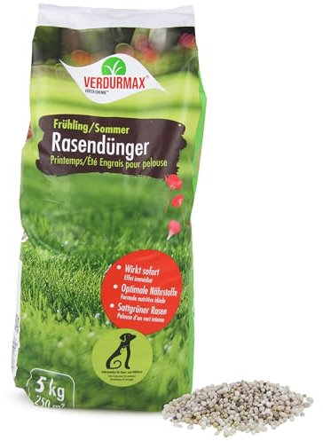 Verdurmax 5 kg d'engrais pour gazon Printemps & Été – Engrais à libération prolongée avec azote pour 250 m² de gazon vert luxuriant – Sans danger pour les chiens – Compatible avec épandeur
