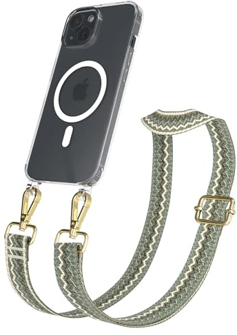EAZY CASE Handykette - Verstellbares Taschenband kompatibel mit iPhone 15, Schulterriemen, Handykordel mit Silikon Hülle, Qi Charging kompatibel, Umhängetasche, Grün Beige Gold