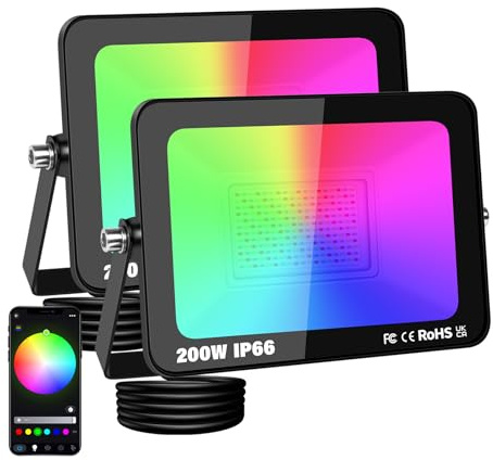 PICAA 2 pcs Projecteur LED Extérieur Sans fil RGB 200W 20000LM, Multicolore | 16M couleurs, Contrôle App, Musique, Modes, IP66 étanche - Pour jardin, terrasse, disco, soirées, scène, Déco - Prise UE