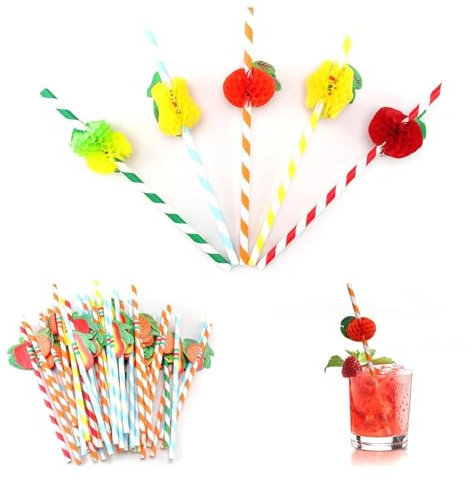 DIYCUT 50 Stück Cocktail Strohhalme, 3D Papierstrohhalmefür, Papier Trinkhalme, Bunte 3D Fruchtformen, für Cocktails & Slushies, Weihnachten, Mottopartys, Picknicks, Kindergeburtstage