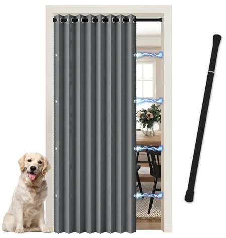 JCyh Cortina de Puerta Interior y Exterior Opaca Térmica - Cortina Opaca para Cocina, Dormitorio - Incluye Barra Telescópica y Cierre Magnético - Cortina Separador de Ambientes para Armario, Gris