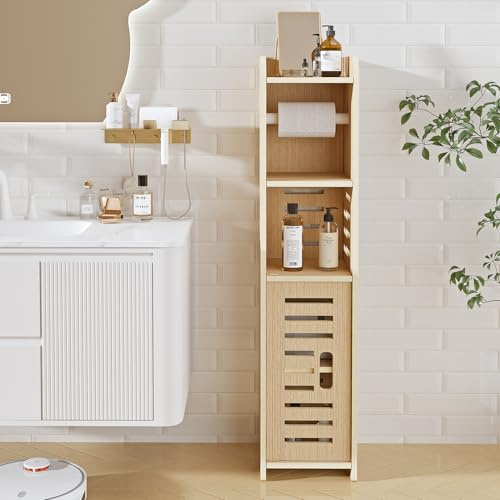 Bathroom Floor Cabinet with Door for Narrow Space, 5-Tier PVC Toilet Paper Holder with Shelf, Slim Bathroom Storage Tissue Organizer Free Standing (Wood colour)