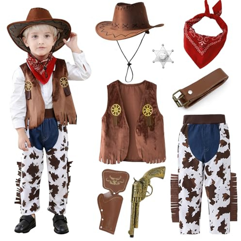 Hengrongshen Kostüm Cowboy Kinder, Sheriff Kostüm Kinder mit Cowboy Hut Weste Halstuch und Cowgirl Accessoires, Karneval Kostüm für Fasching Halloween Cowgirl Cosplay für Mädchen Junge