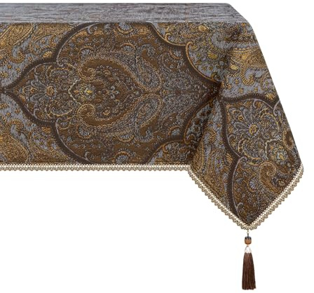 TOPLUXE Tischdecke mit Quasten, Tischtuch für Esstisch Urlaub Party Wohnzimmer Dekoration (140x240cm, Grau & Gold)