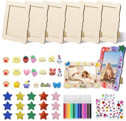 Rwbimti 6 Stück Bilderrahmen zum Bemalen für Kinder (20x15cm), Wellenform DIY Bilderrahmen Holz mit 3 Sorten Glitzersteinen & 3D Sticker für Deko Hochzeit Jubiläen Geburtstage Muttertag