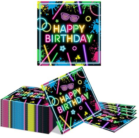 Kotkiddy 40 Stück Neonfarbige Geburtstags Servietten 33x33cm Bunte Graffiti Happy Birthday Papierservietten Neonthema Party Deko Einweg Servietten
