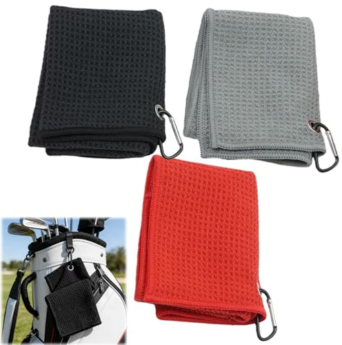 Ucfalfo 3PCS Golf Towels with buckle for Hanging on Golf Club Bag, 40 X 40CM Ultra Absorbent Cleaning Towel, Waffle Pattern Design Easy Club Pick-Up for Bag, Cart, Club or Belt, Black, Grey, Red