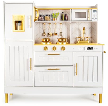 BAYAGU Cocina de Juguete de Madera Grande para niños con Accesorios Dorados, Cocina con microondas, Fregadero, Grifo y máquina de Hielo, Juego de rol Educativo, Regalo para niños 3+ Dorado