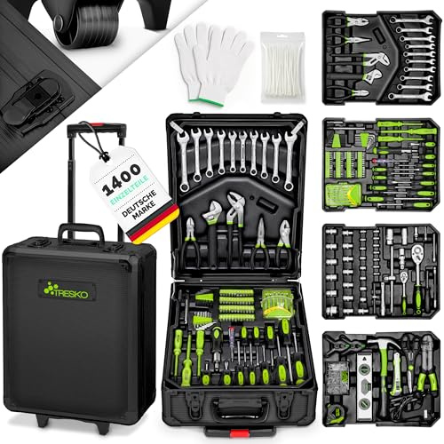 TRESKO® Werkzeugkoffer 1400-teilig gefüllt | Werkzeugkasten mit Rollen | Werkzeugkiste Haushalt, Heimwerker, Werkstatt, Hobby, KFZ, Büro | Profi Werkzeugtasche Werkzeug-Trolley im Aluminiumkoffer