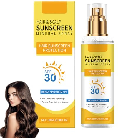 Spray solaire minéral pour cheveux et cuir chevelu SPF 30, spray pour cheveux non gras, pour raie et zones de cheveux cassés, protection légère du cuir chevelu, spray de protection UV, protège contre