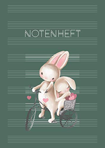 Notenheft: Schule & Unterricht & Hobby | DIN A4 Blanko Notensysteme mit Inhaltsverzeichnis | Musik Schreibheft | große Lineatur für Kinder & Anfänger - Motiv: Hasen auf Fahrrad