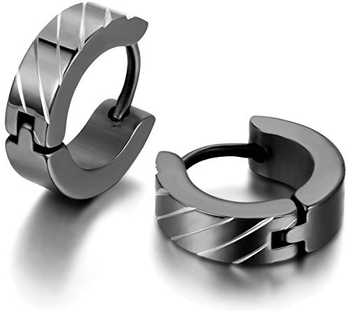 JewelryWe Schmuck Herren Damen Ohrringe, Edelstahl gestreift Creolen Ohrstecker, Schwarz
